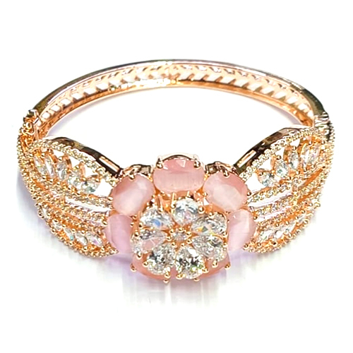 Flower Rose Gold Bracelet - Gold Plated, Standard Size | Ruby Stone Adorned, Elegant Floral Design, Ideal for Weddings and Anniversaries