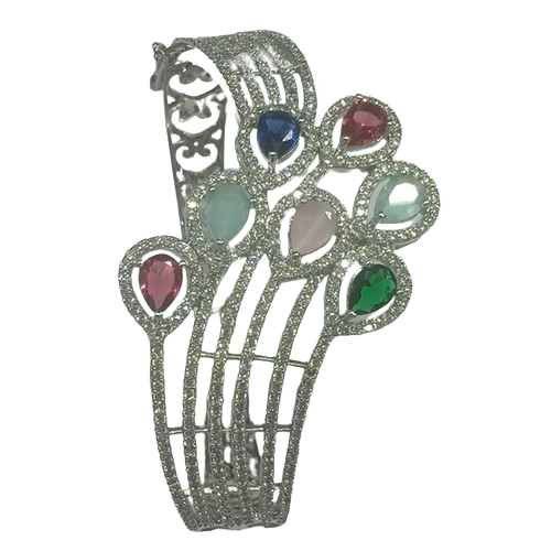 Fancy CZ Beautiful Bracelet - Silver-Coated, Standard Size | Ruby Stones, Elegant Design, Suitable for Weddings, Anniversaries, and Engagements