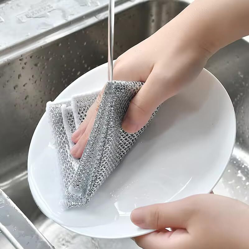 Wire Dish Washer Cloths - High Quality Fabric And Silver Wire Mesh, 7.87x7.87 Inch Size, Non-scratch Design With Multipurpose Use And Easy Rinsing