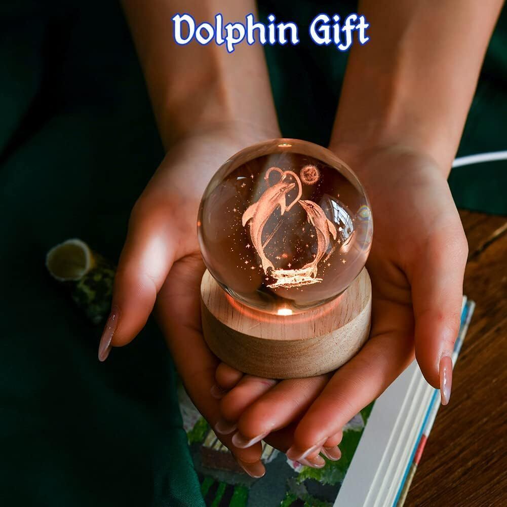 Dolphin Crystal Ball Light - High-quality Crystal, 8 Cm Diameter, Warm White Glow, Sturdy Wooden Base , Mesmerizing 3d Design For Enchanting Home Decor