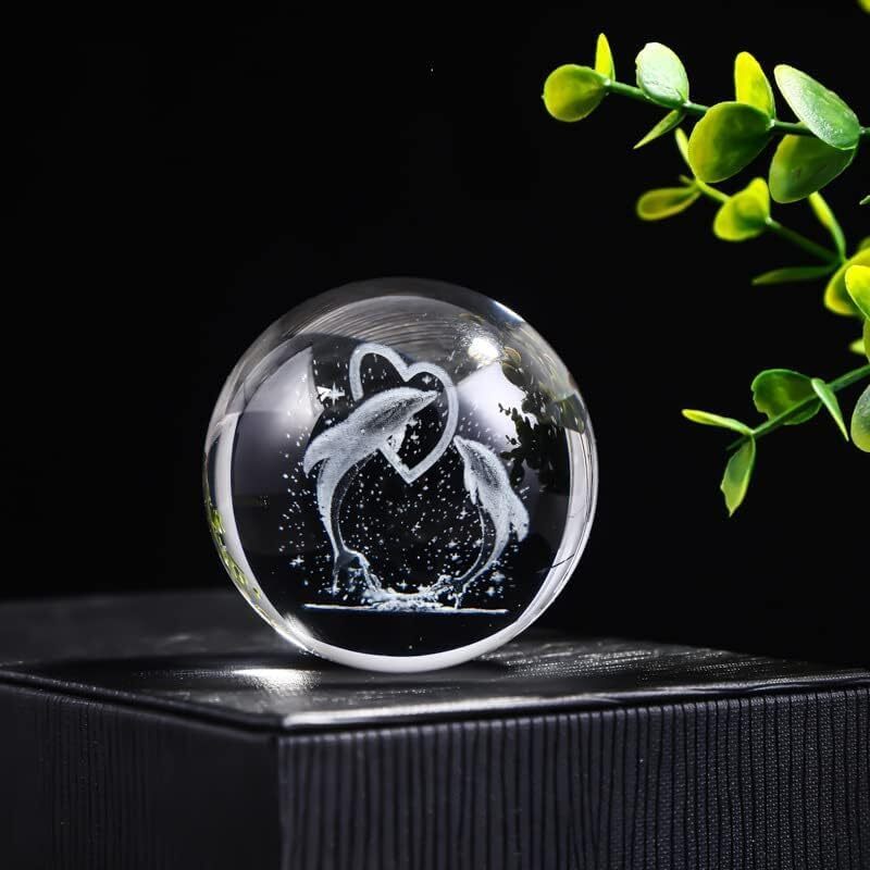 Dolphin Crystal Ball Light - High-quality Crystal, 8 Cm Diameter, Warm White Glow, Sturdy Wooden Base , Mesmerizing 3d Design For Enchanting Home Decor
