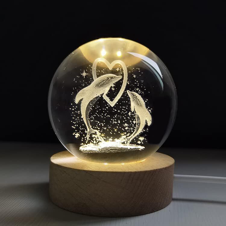 Dolphin Crystal Ball Light - High-quality Crystal, 8 Cm Diameter, Warm White Glow, Sturdy Wooden Base , Mesmerizing 3d Design For Enchanting Home Decor