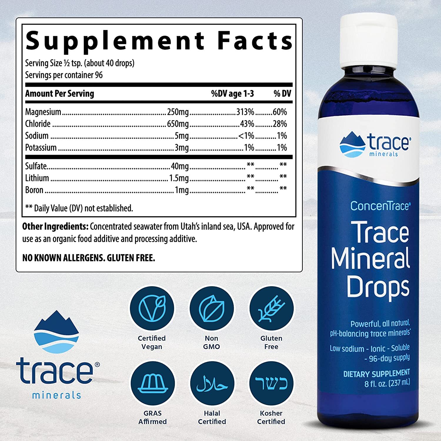 Trace Minerals Concentrace Drops 8 Fl Oz - Liquid Supplement, Blue | Electrolyte Balance, Mineral Replenishment, Improved Mood, Muscle Support, Ph Balance