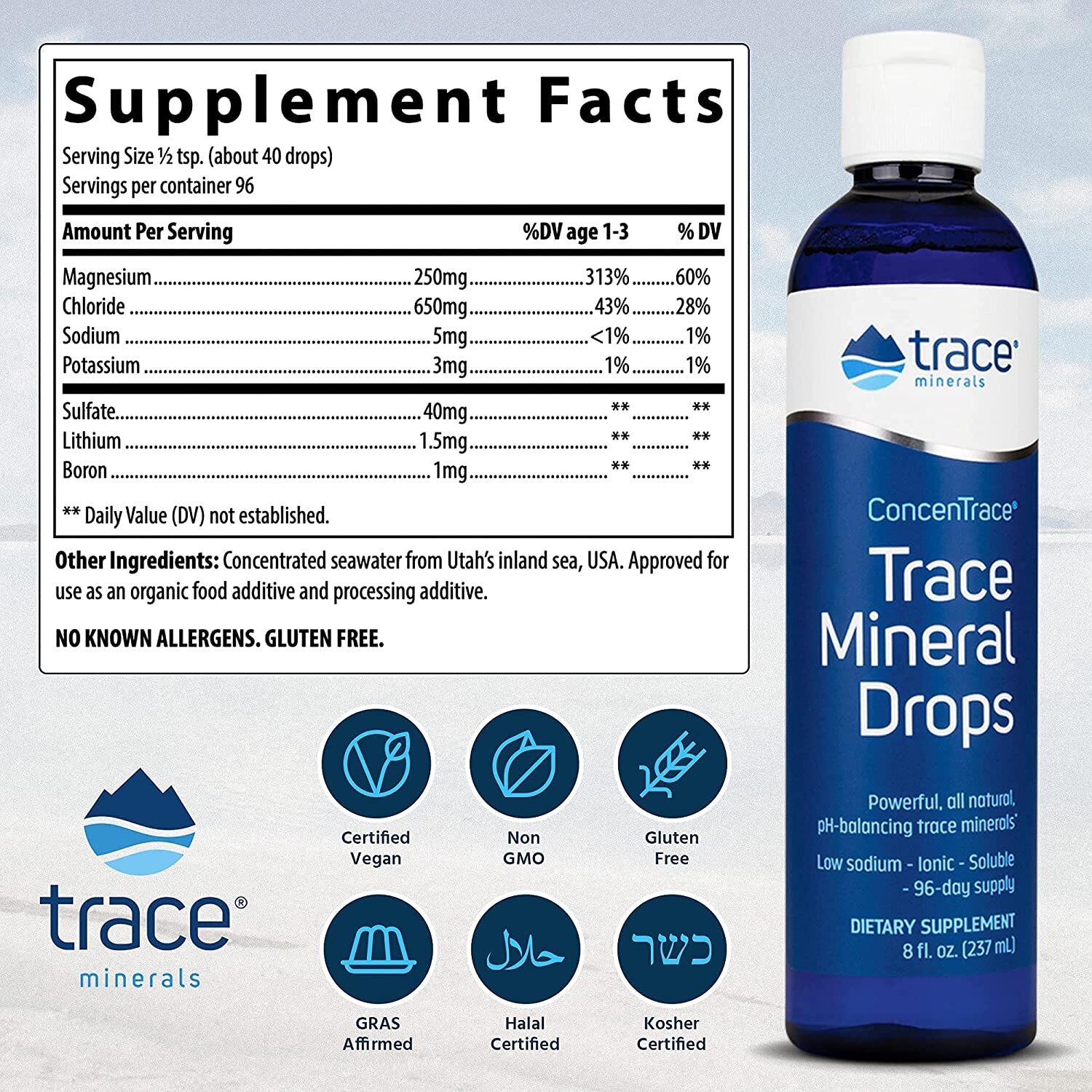 Trace Minerals Concentrace Drops 8 Fl Oz - Liquid Supplement, Blue | Electrolyte Balance, Mineral Replenishment, Improved Mood, Muscle Support, Ph Balance