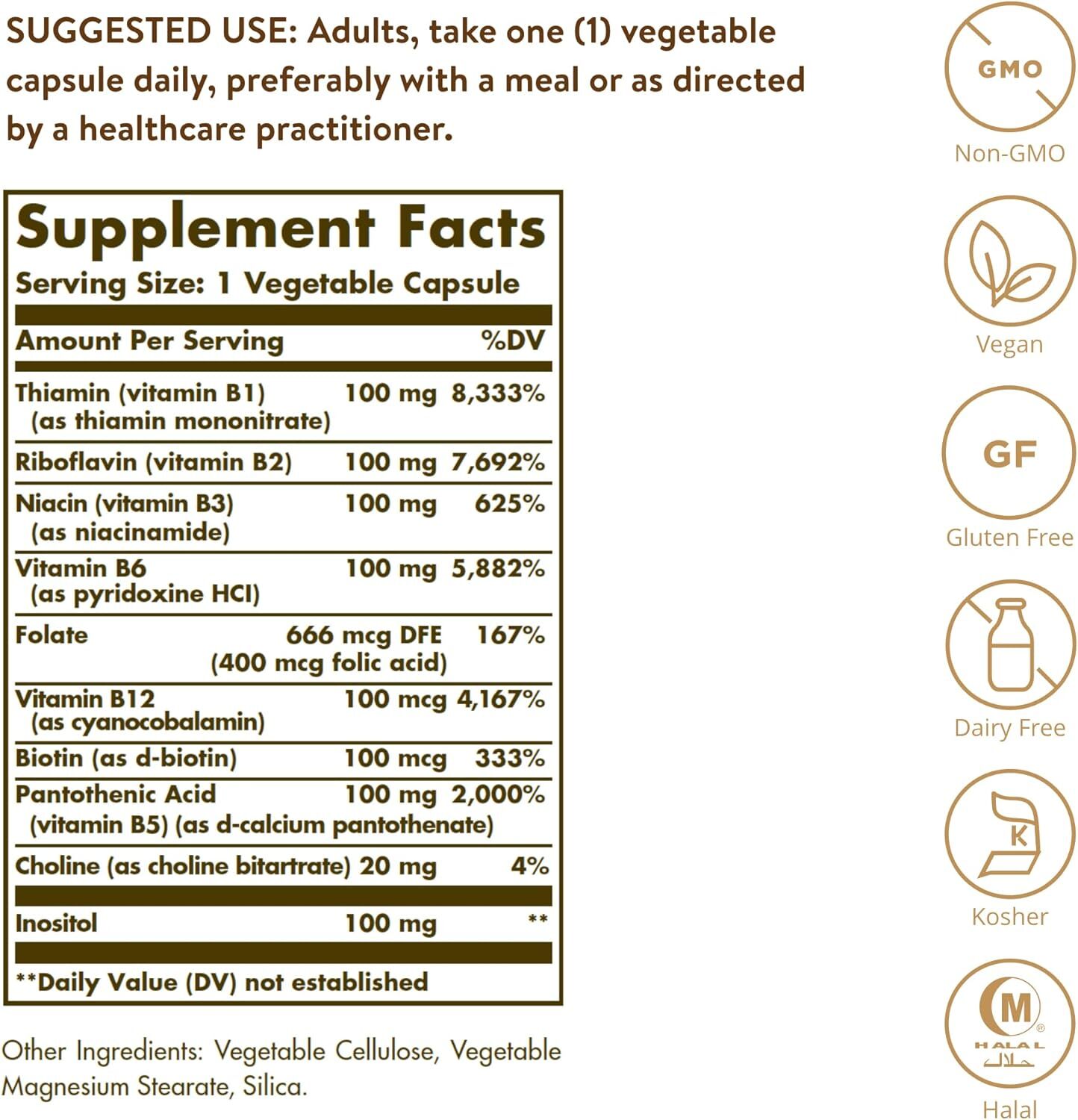 Solgar B-complex 100 - 100 Vegetable Capsules | B Vitamin Blend, Cardiovascular Health, Energy Metabolism, Nervous System Support, Vegan-friendly