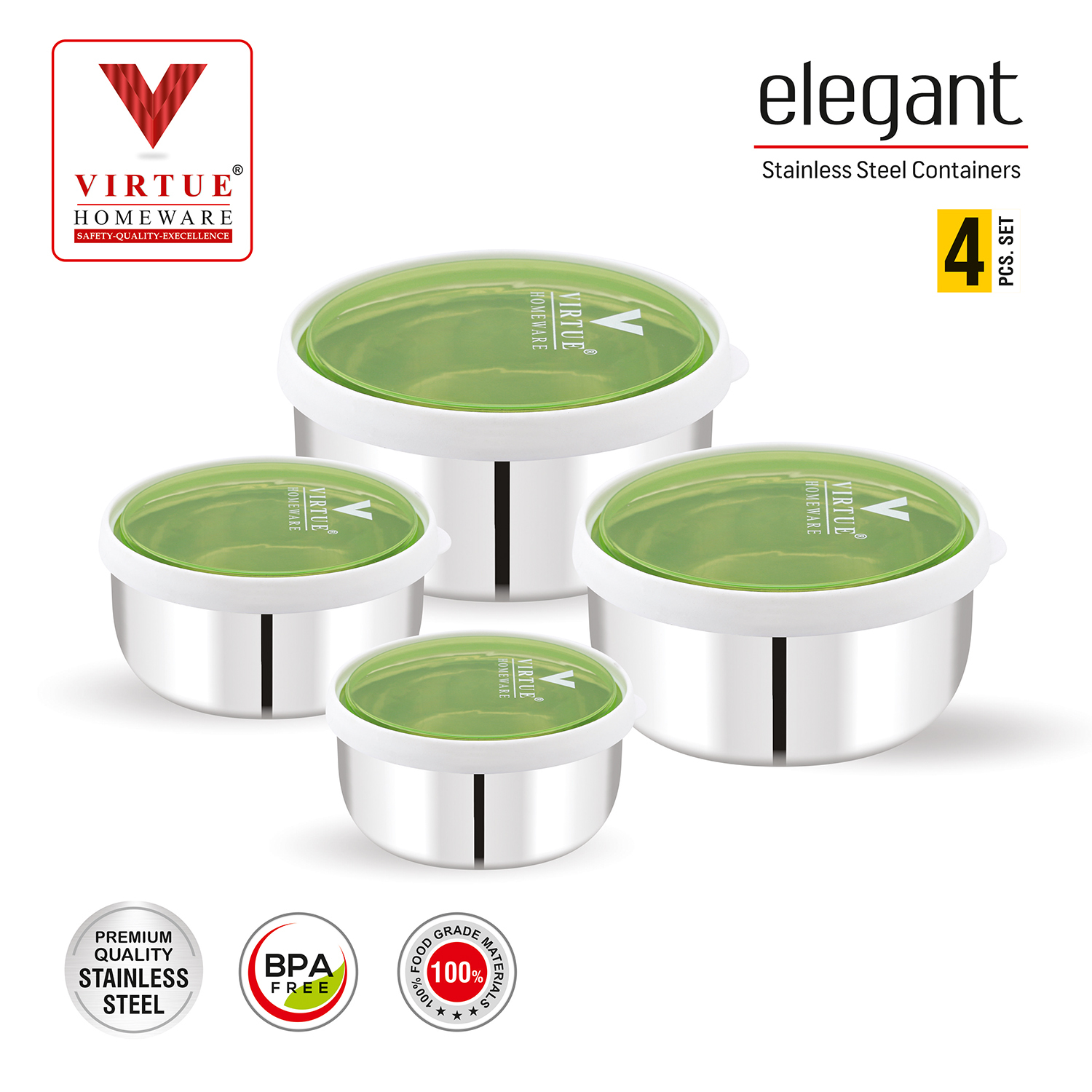 Elegant Virtue Homeware St. Steel Food Container - 4pcs Set | Perfect Air Tight Lids, Freezer Safe, Durable Stainless Steel Design