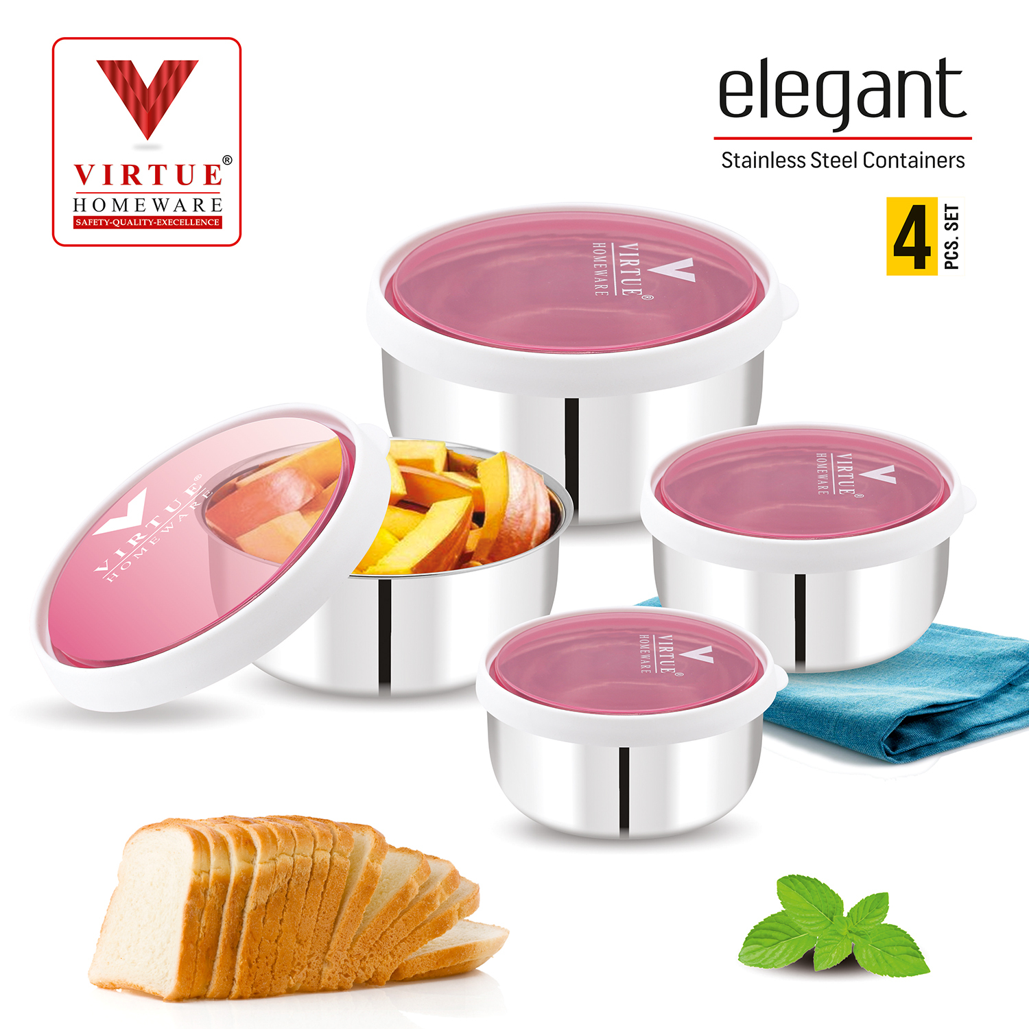 Elegant Virtue Homeware St. Steel Food Container - 4pcs Set | Perfect Air Tight Lids, Freezer Safe, Durable Stainless Steel Design