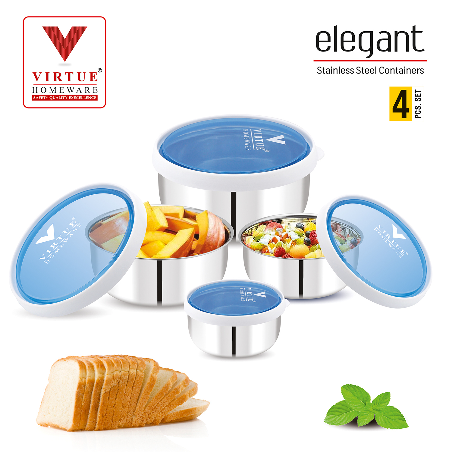 Elegant Virtue Homeware St. Steel Food Container - 4pcs Set | Perfect Air Tight Lids, Freezer Safe, Durable Stainless Steel Design