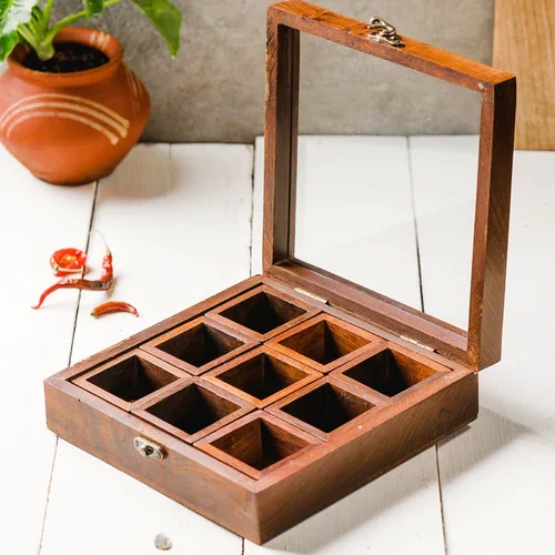9 Compartment Wooden Spice Box - Color: Brown
