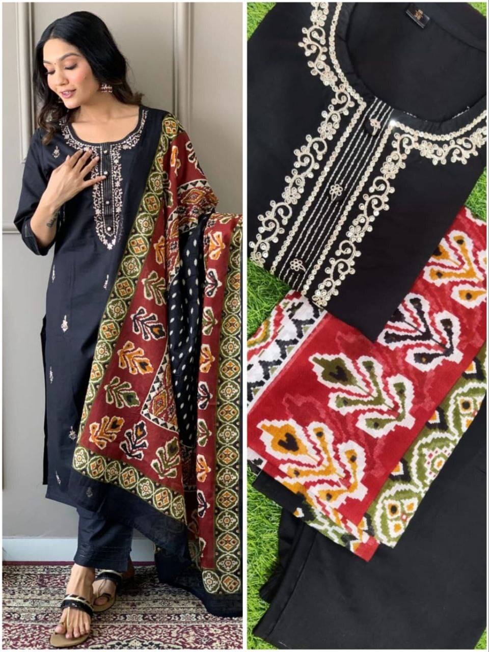 Cotton Kurti - Kurti (45+), Pant (38), Full Mul Cotton Dupatta (2.3m) | Embroidery & Print Work, Vibrant Lilac Color, 3/4 Sleeve Design
