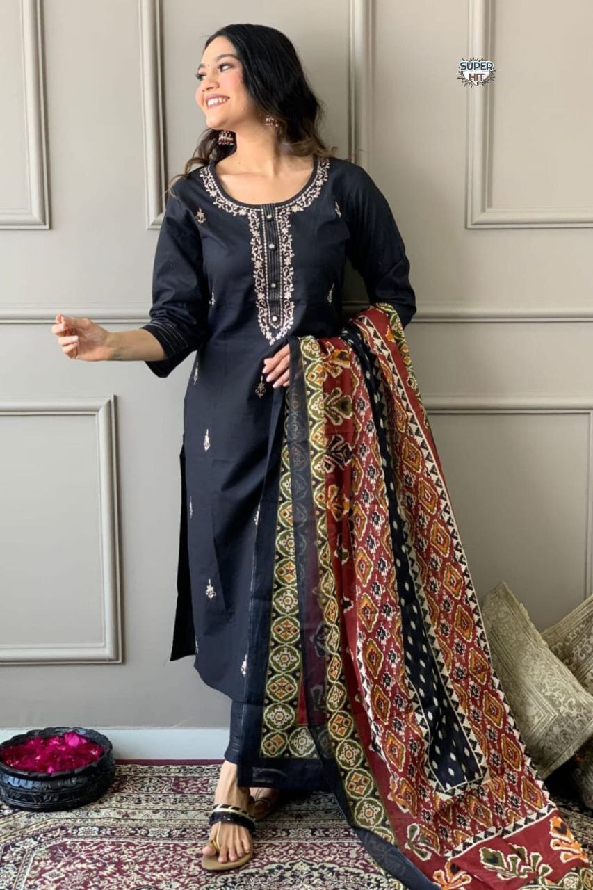 Cotton Kurti - Kurti (45+), Pant (38), Full Mul Cotton Dupatta (2.3m) | Embroidery & Print Work, Vibrant Lilac Color, 3/4 Sleeve Design