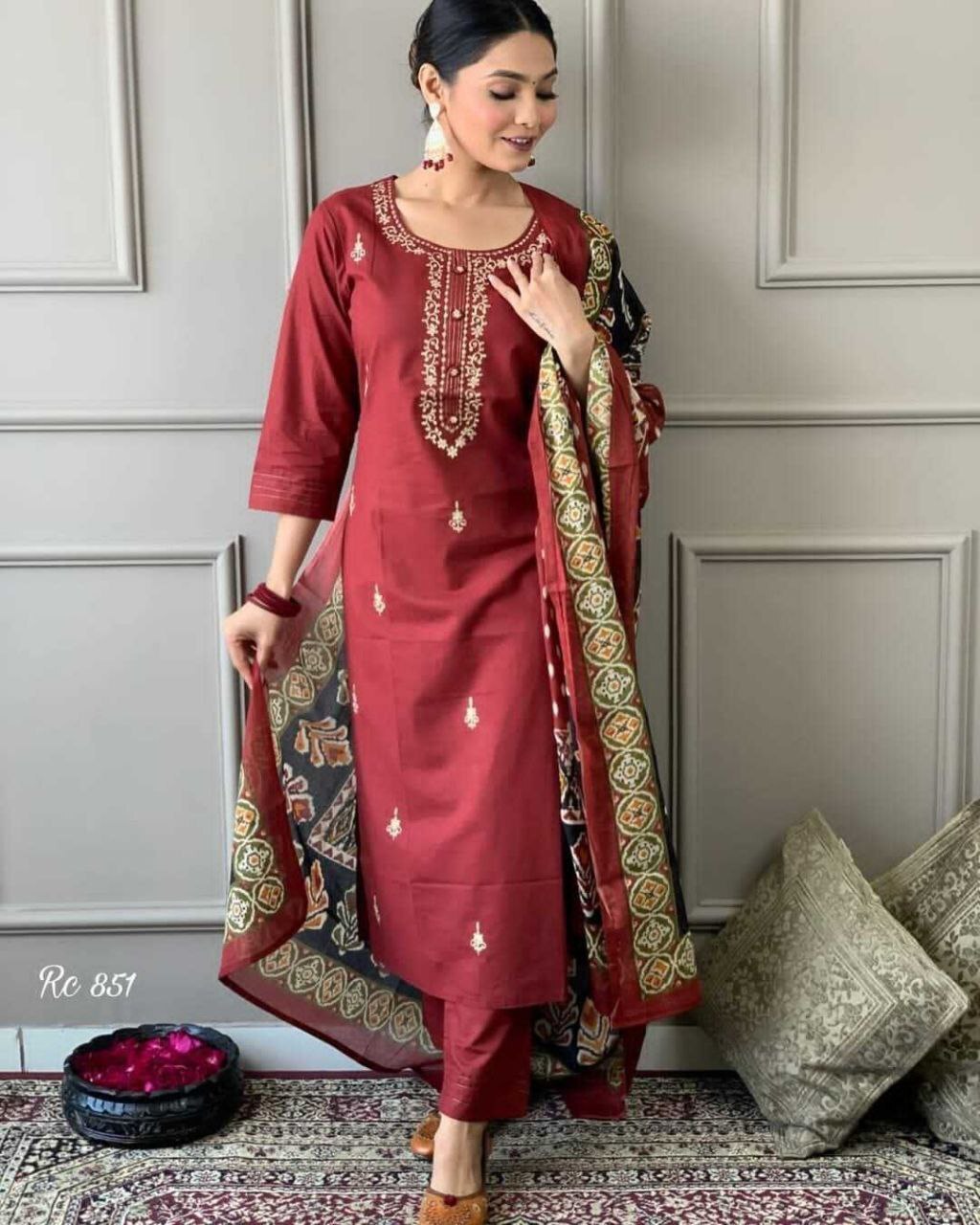Cotton Kurti - Kurti (45+), Pant (38), Full Mul Cotton Dupatta (2.3m) | Embroidery & Print Work, Vibrant Lilac Color, 3/4 Sleeve Design