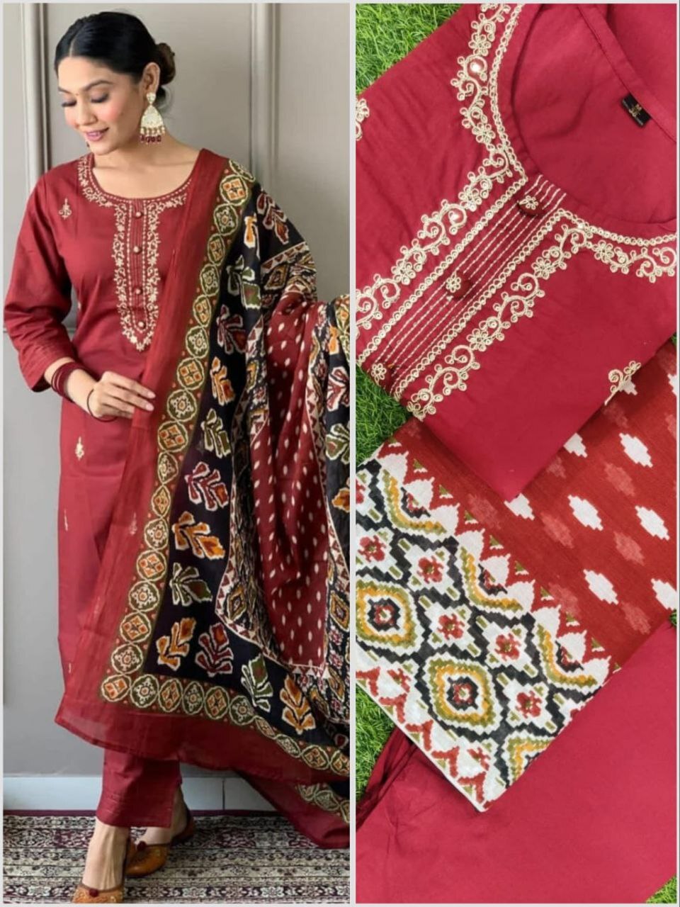 Cotton Kurti - Kurti (45+), Pant (38), Full Mul Cotton Dupatta (2.3m) | Embroidery & Print Work, Vibrant Lilac Color, 3/4 Sleeve Design
