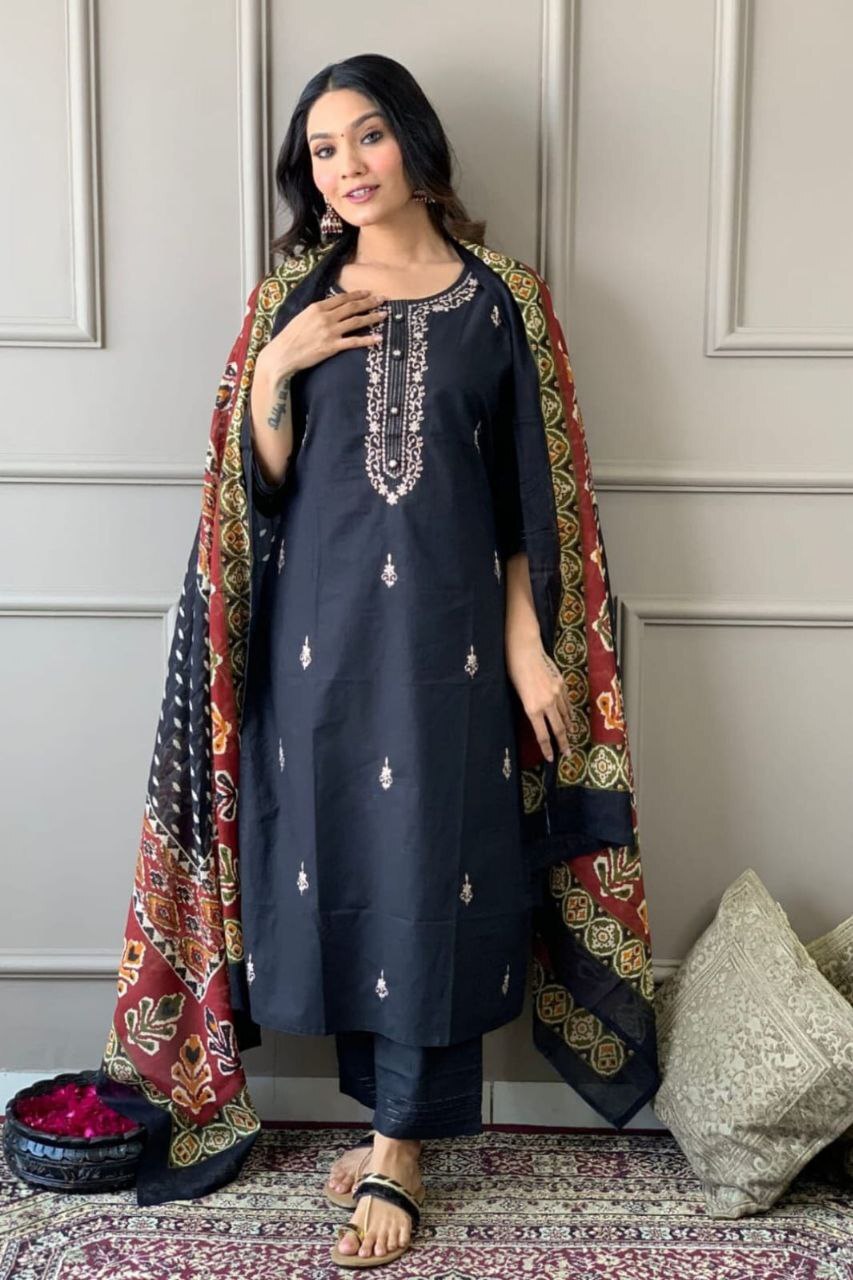 Cotton Kurti - Kurti (45+), Pant (38), Full Mul Cotton Dupatta (2.3m) | Embroidery & Print Work, Vibrant Lilac Color, 3/4 Sleeve Design
