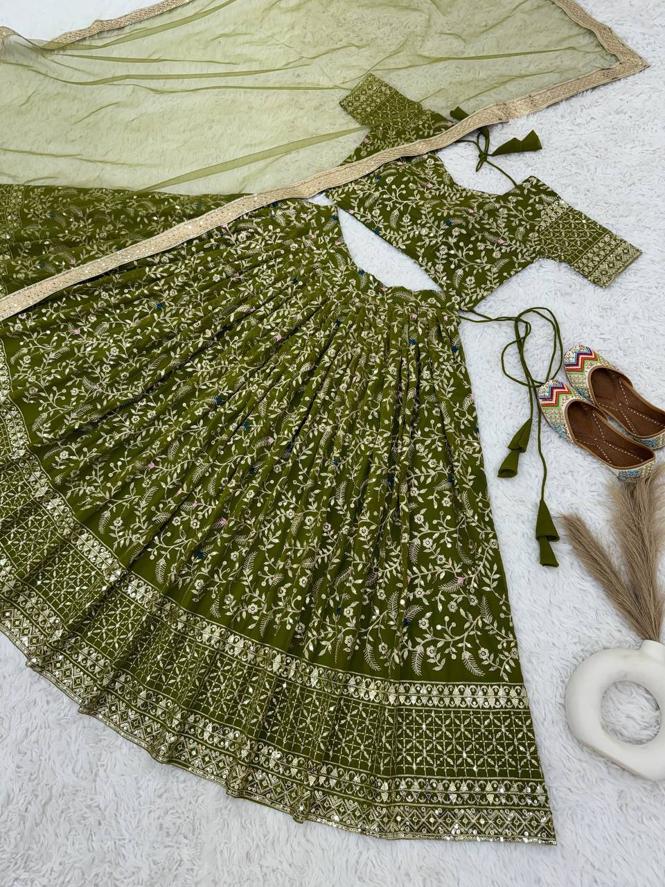 Lehenga Choli - Heavy Faux Georgette With Sequined Embroidery, 42-43 Inch Length, Green | Party Wear, Full Stitched Xl Size, Micro Cotton Inner, 3 Mtr Flair