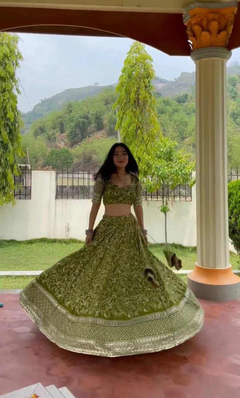 Lehenga Choli - Heavy Faux Georgette With Sequined Embroidery, 42-43 Inch Length, Green | Party Wear, Full Stitched Xl Size, Micro Cotton Inner, 3 Mtr Flair