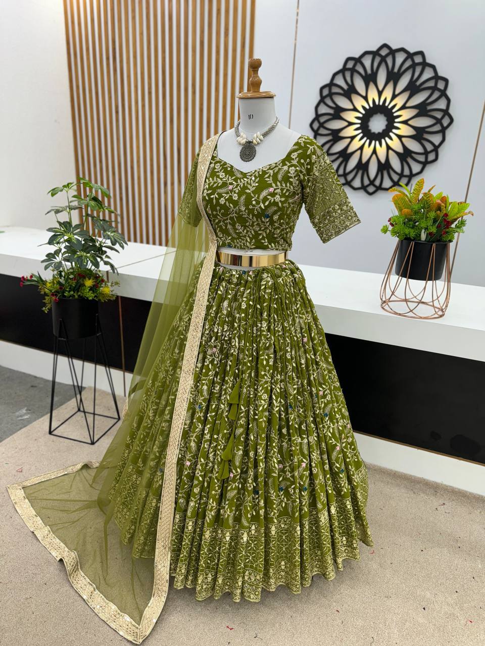 Lehenga Choli - Heavy Faux Georgette With Sequined Embroidery, 42-43 Inch Length, Green | Party Wear, Full Stitched Xl Size, Micro Cotton Inner, 3 Mtr Flair