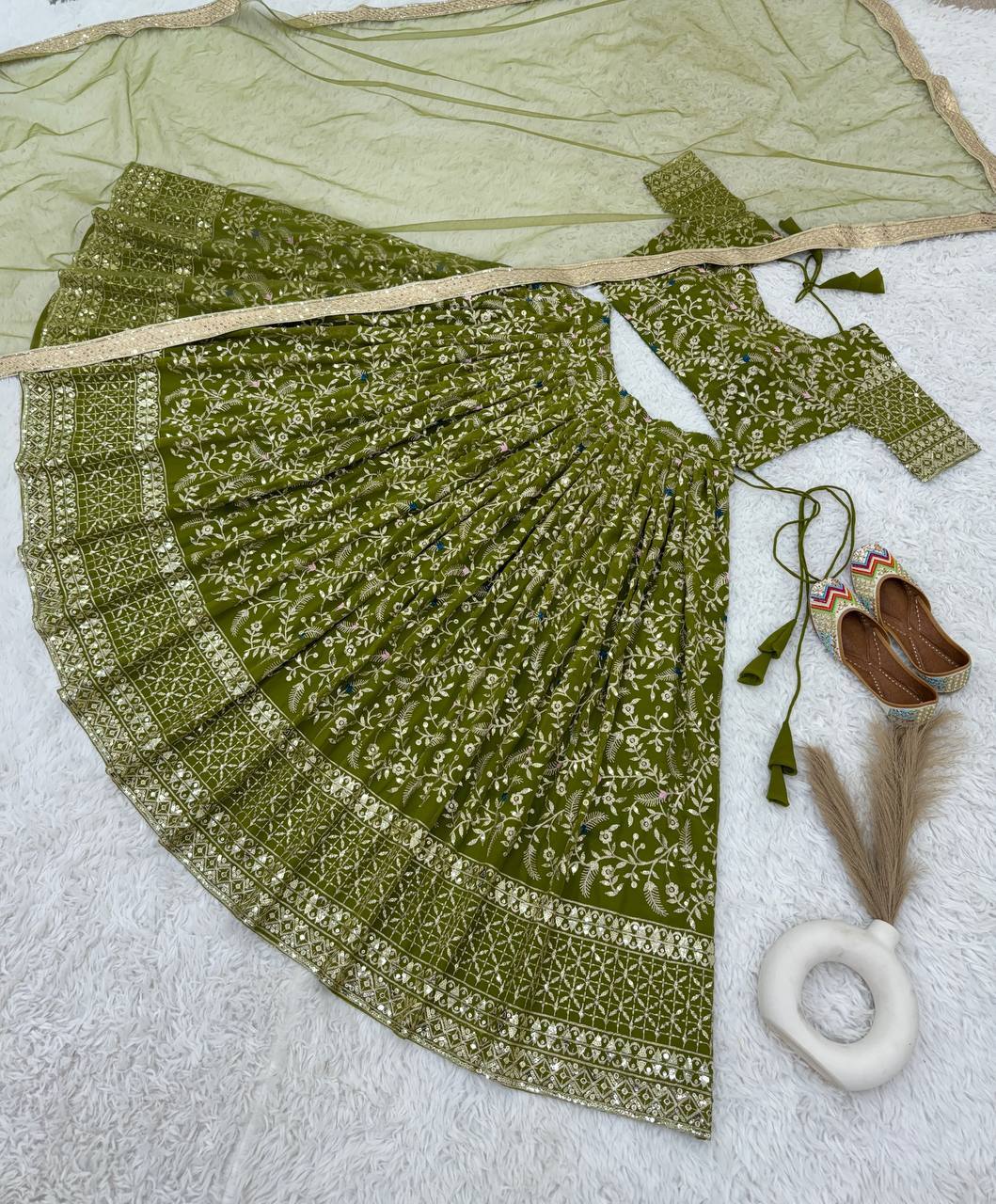 Lehenga Choli - Heavy Faux Georgette With Sequined Embroidery, 42-43 Inch Length, Green | Party Wear, Full Stitched Xl Size, Micro Cotton Inner, 3 Mtr Flair