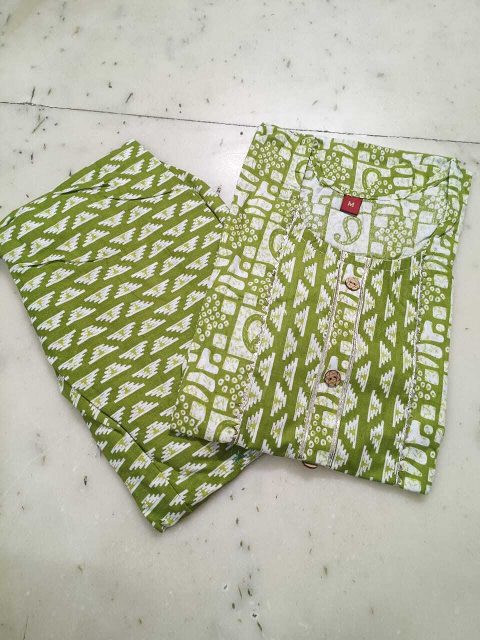 Kurti With Pant - Cotton Fabric, Size M/38 - Xxl/44, Green And White, Knee-length, Full Sleeve, Geometric Printed, Comfortable And Stylish