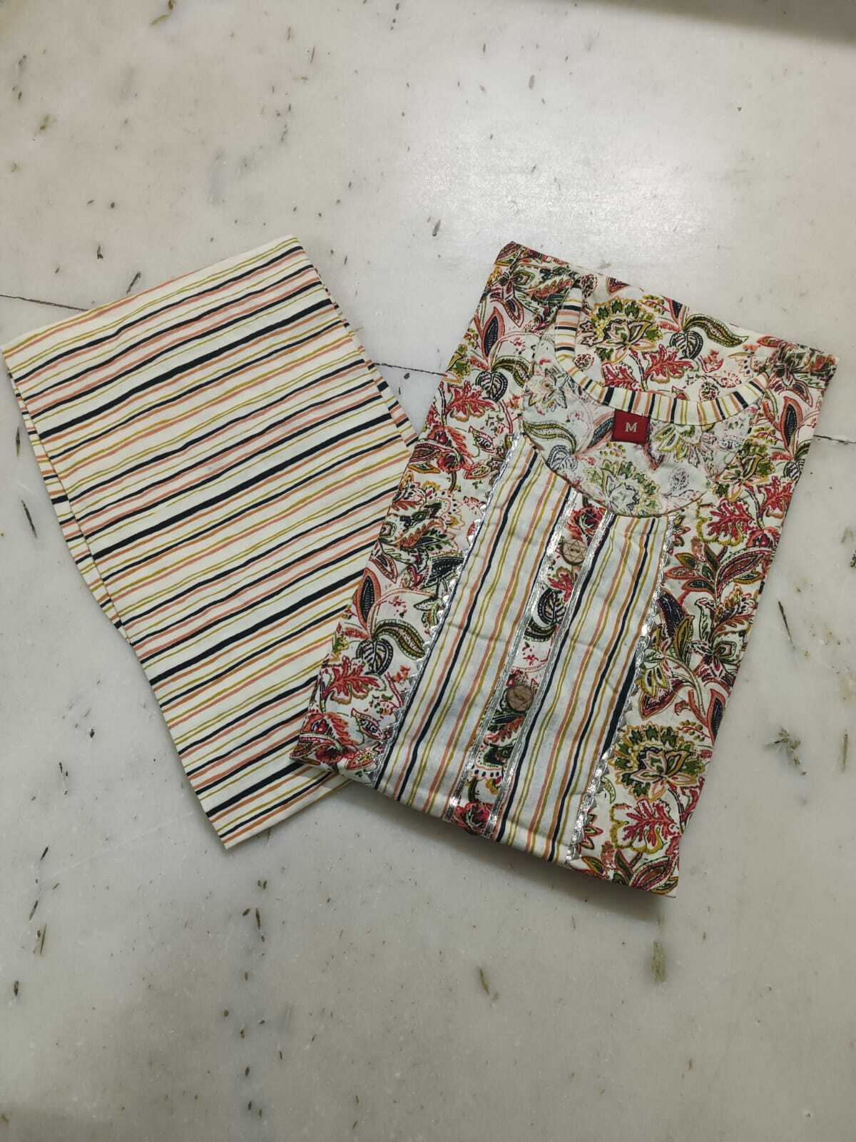 Kurti With Pant - Cotton Fabric, Size M/38 - Xxl/44, Green And White, Knee-length, Full Sleeve, Geometric Printed, Comfortable And Stylish