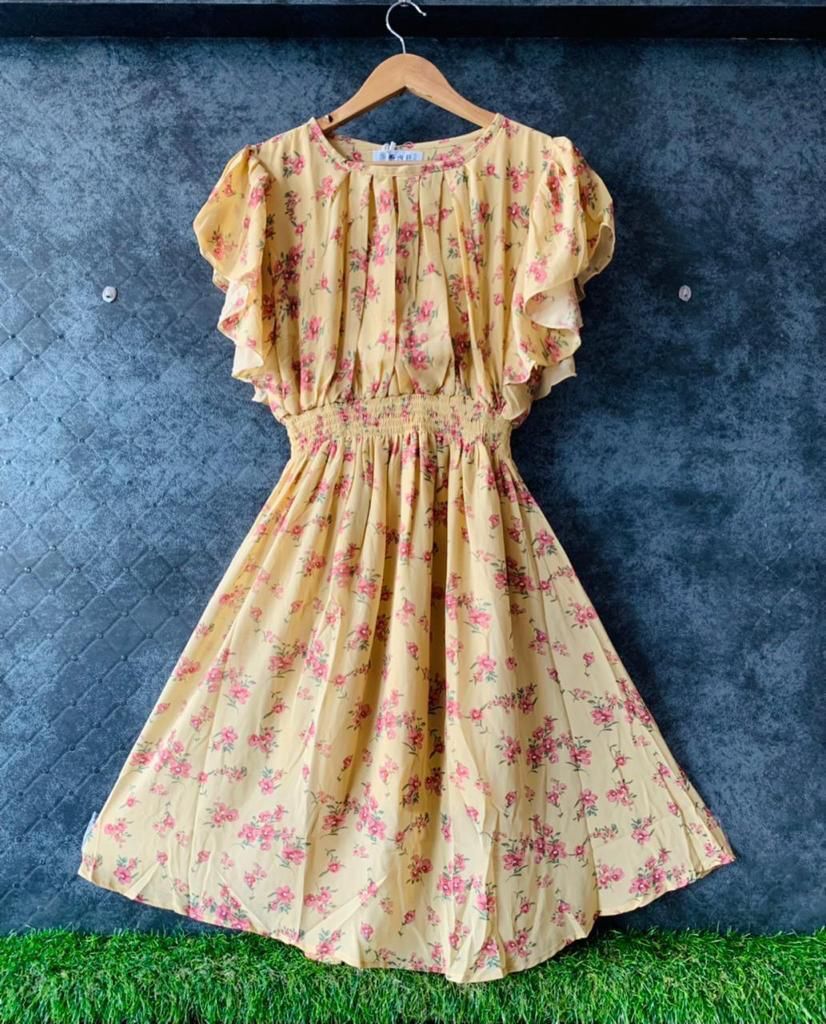 Smoking Waist Western Dress - Soft Georgette Fabric Length 38-39 Inches Freesize M To Xxl Printed Flowers Design Short Sleeves All Season Wear