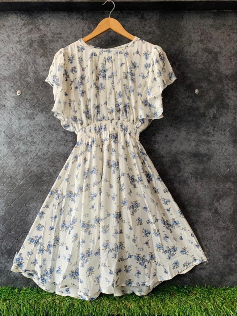 Smoking Waist Western Dress - Soft Georgette Fabric Length 38-39 Inches Freesize M To Xxl Printed Flowers Design Short Sleeves All Season Wear