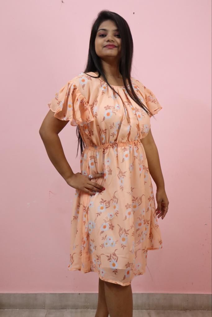 Smoking Waist Western Dress - Soft Georgette Fabric Length 38-39 Inches Freesize M To Xxl Printed Flowers Design Short Sleeves All Season Wear