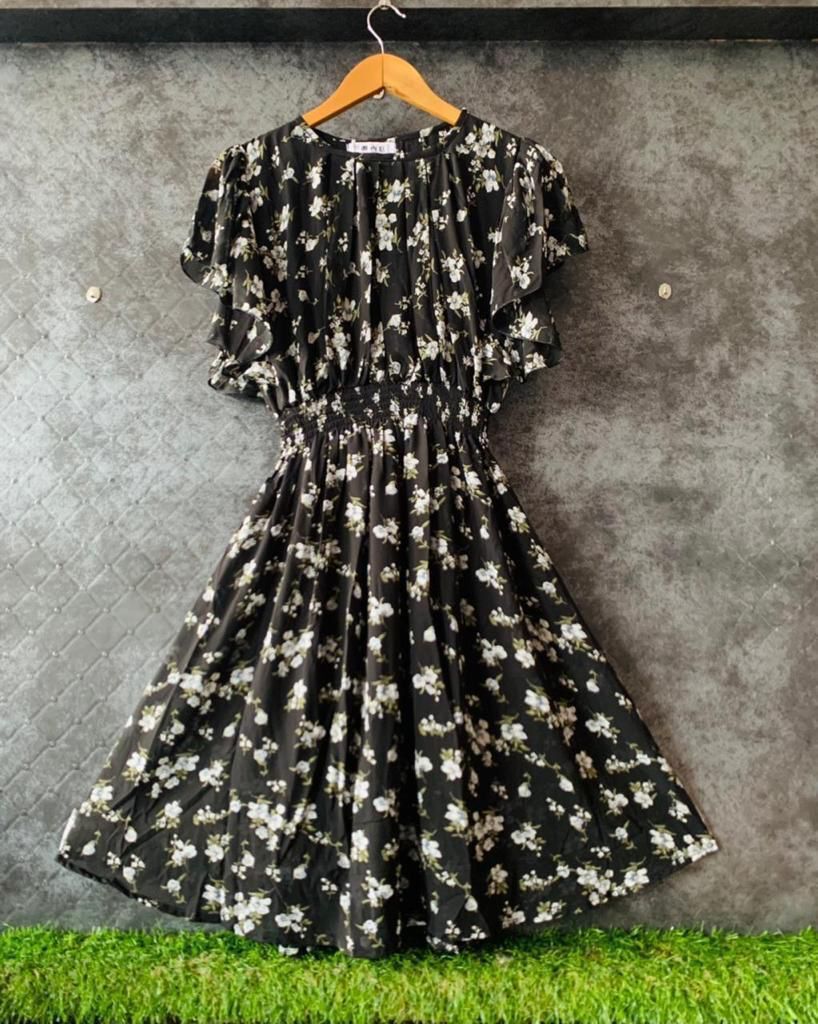 Smoking Waist Western Dress - Soft Georgette Fabric Length 38-39 Inches Freesize M To Xxl Printed Flowers Design Short Sleeves All Season Wear