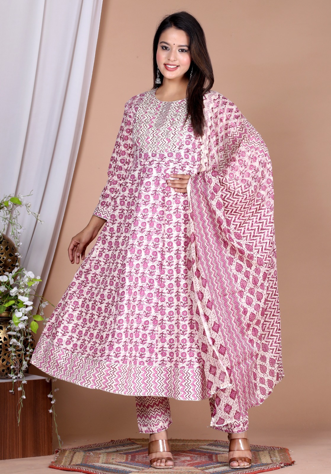 Anarkali Kurti - Cotton Fabric, Sizes M/38, L/40, Xl/42, Xxl/44 | White, Jaipuri Print, 3/4 Sleeve, Dupatta Included, Tabla Work