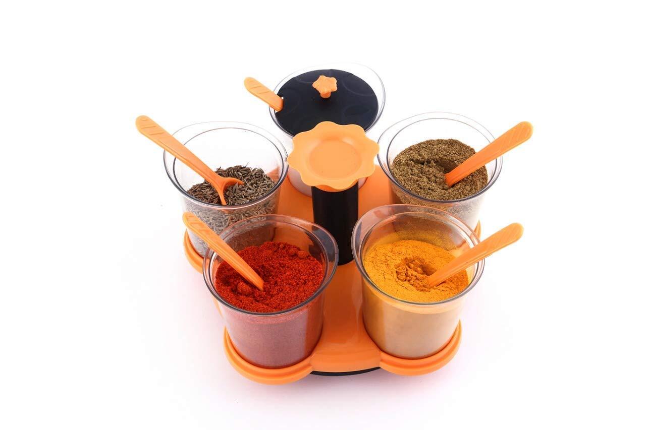 Multi Purpose Dining Set Of 5 Spice Rack - Plastic Material, 360 Degree Revolving Design, Scratch Resistant | Ideal For Spices, Dry Fruits, And Decorative Use
