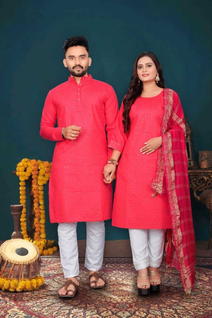 Couple Combo Kurti & Kurta - Cotton Fabric Full Sleeve Design Available In 6 Unique Colors | Features: Breathable Quick Dry Plus Size Traditional Ethnic Wear