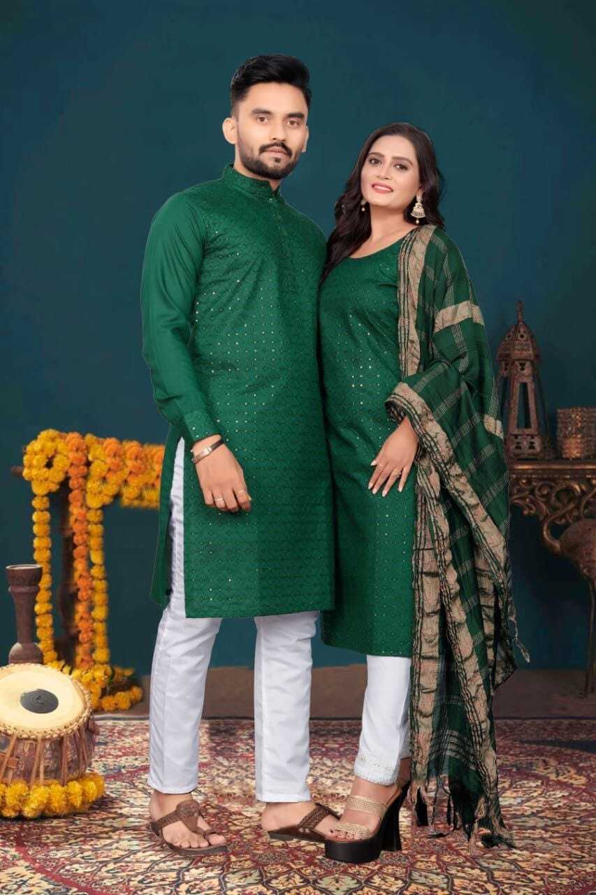 Couple Combo Kurti & Kurta - Cotton Fabric Full Sleeve Design Available In 6 Unique Colors | Features: Breathable Quick Dry Plus Size Traditional Ethnic Wear