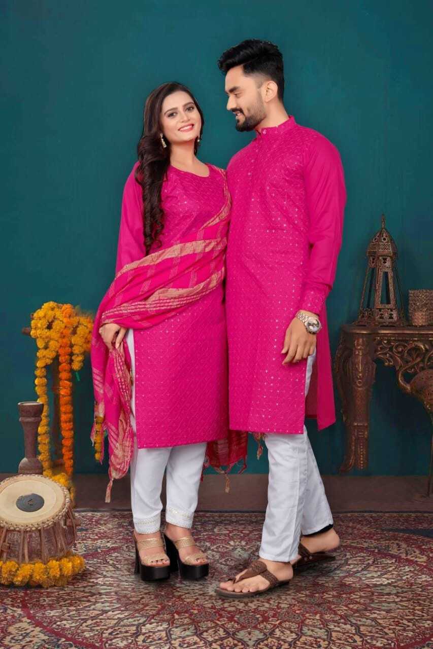 Couple Combo Kurti & Kurta - Cotton Fabric Full Sleeve Design Available In 6 Unique Colors | Features: Breathable Quick Dry Plus Size Traditional Ethnic Wear