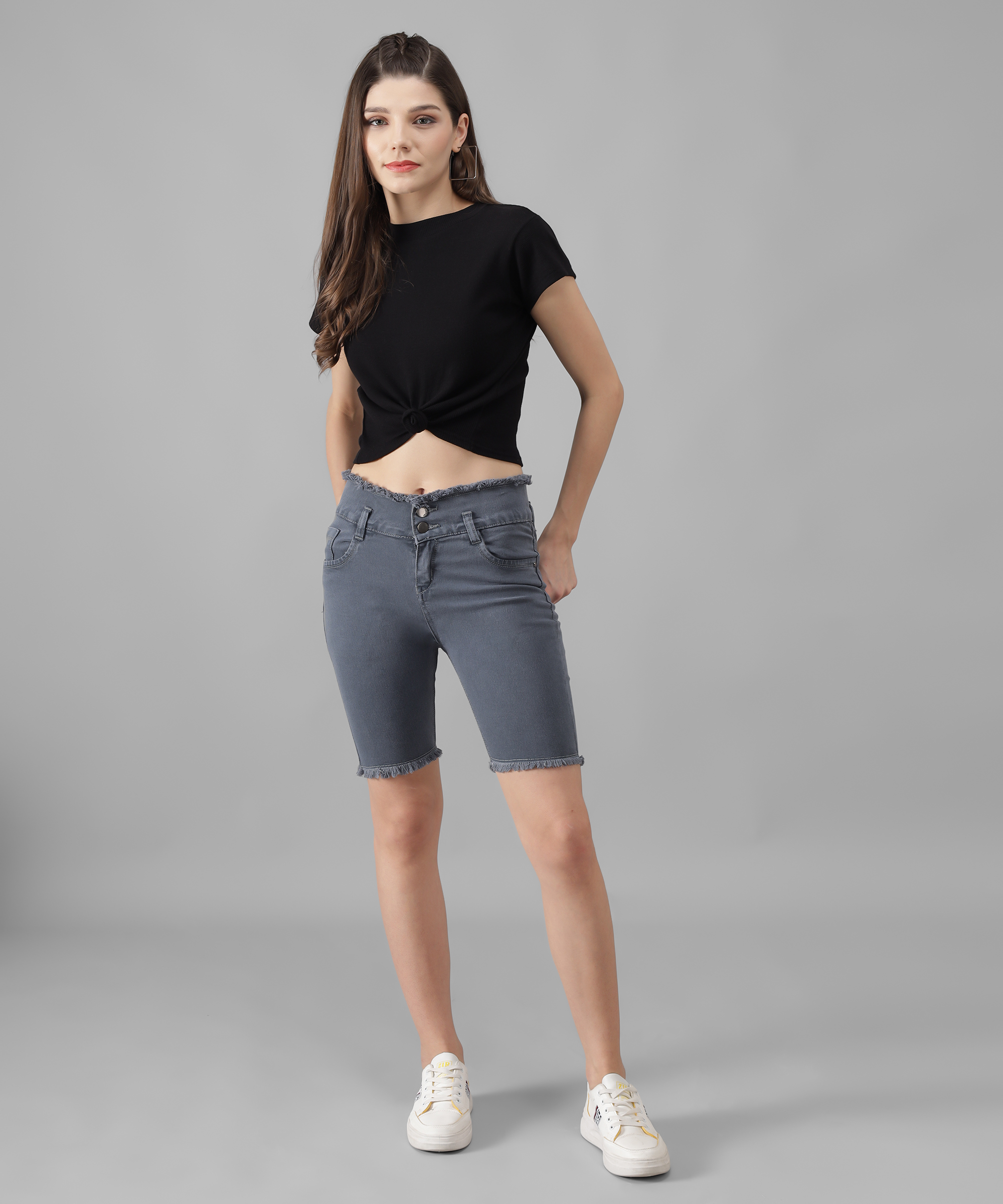 Solid Women Grey Denim Shorts - Age Group: 9-10 Years