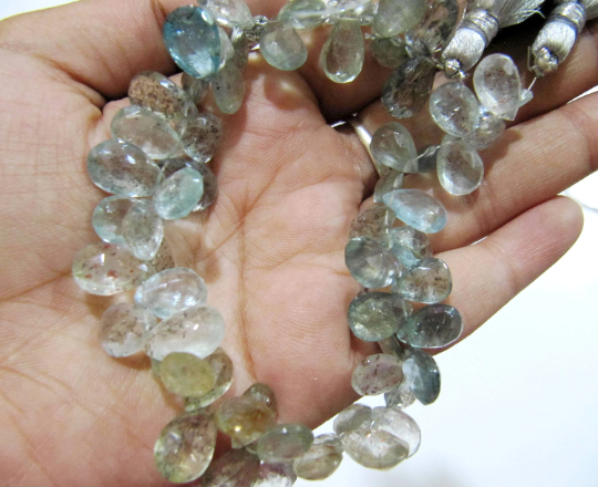 Natural Moss Aquamarine Pear Shape Faceted 6x9mm To 7x11mm Strand 9'' Long - Beads Colour: Multicolor