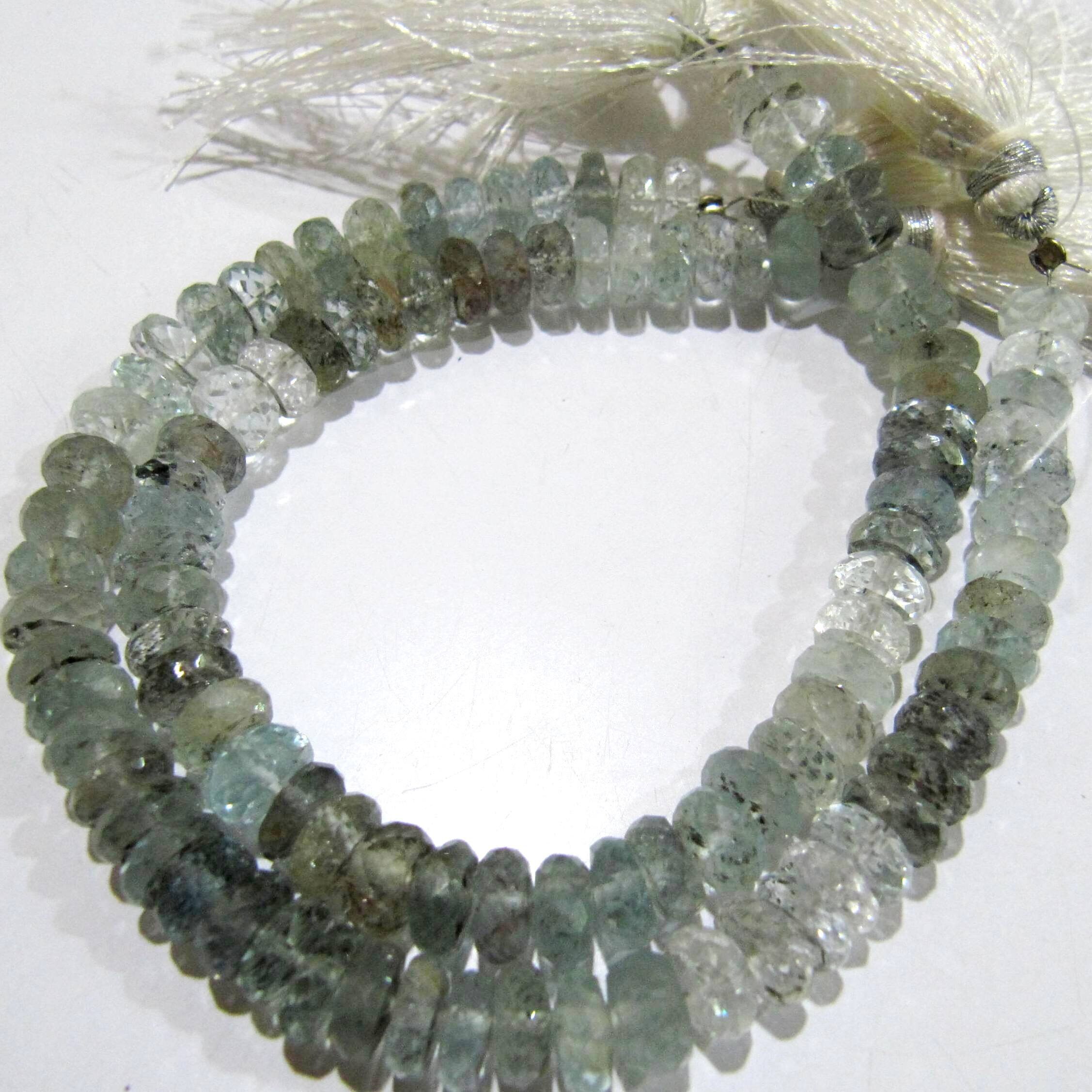 Natural Moss Aquamarine Gemstone Beads Strand - 8-9mm Faceted Rondelle Shape, Multicolor Variety For Jewelry Making