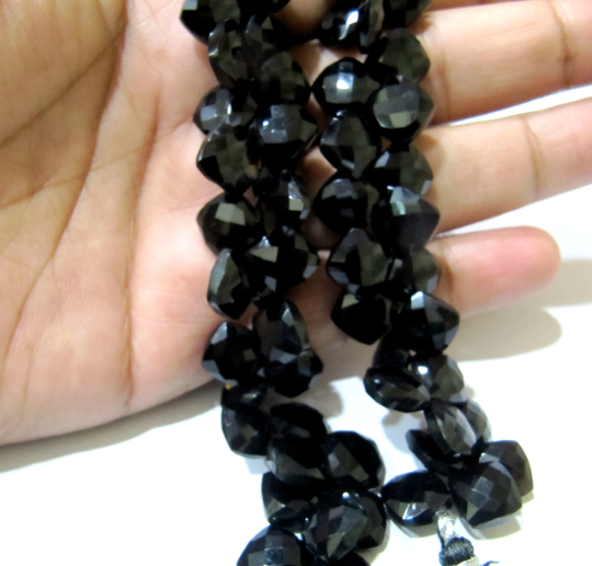 Natural Black Spinel Faceted Cushion Shape 10mm Beads Strand 8 Inches Long