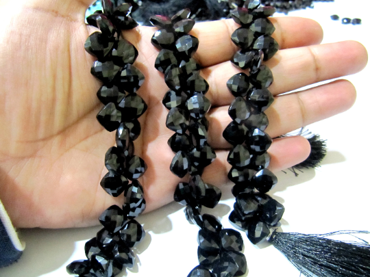 Natural Black Spinel Faceted Cushion Shape 10mm Beads Strand 8 Inches Long