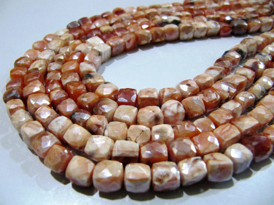 Natural Carnelian Beads / 6-7mm Faceted 3d Cube Shape Strand 8 Inch Long