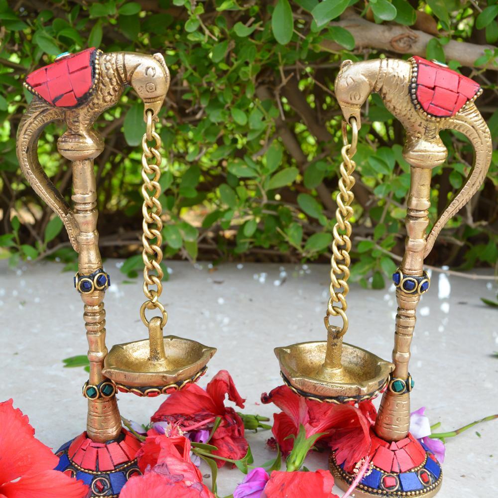 Aakrati Bird Deepak Oil Lamp Stand Pair Brass Hindu Religious Puja Art Fengshui Gifts Brass (Pack Of 2) Table Diya Set (Height: 6.5 Inch)