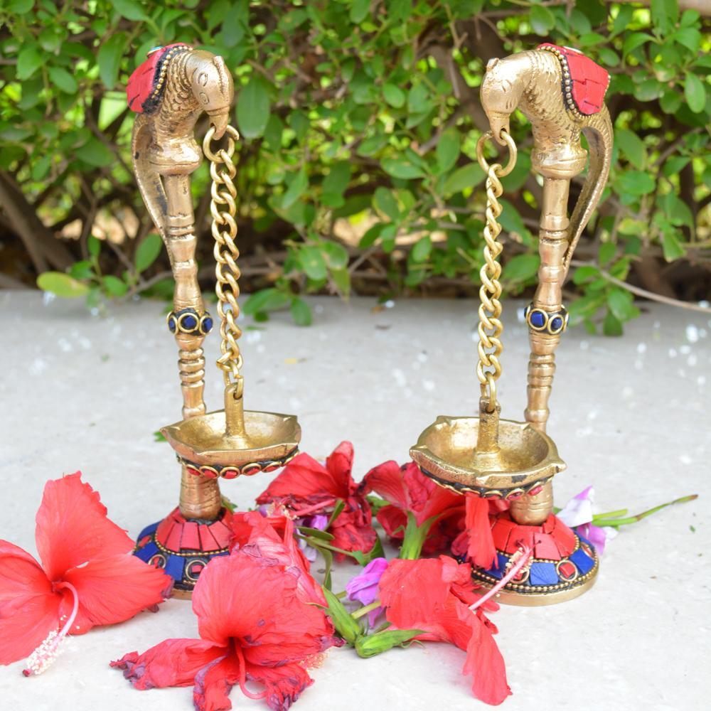 Aakrati Bird Deepak Oil Lamp Stand Pair Brass Hindu Religious Puja Art Fengshui Gifts Brass (Pack Of 2) Table Diya Set (Height: 6.5 Inch)