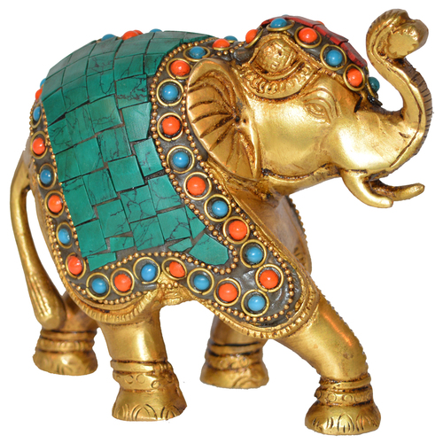 Aakrati Trunk Up Elephant Figurine With Turquoise Gemstones Handwork Decorative Showpiece - 11 Cm  (Plastic, Multicolor) - Color: Yellow