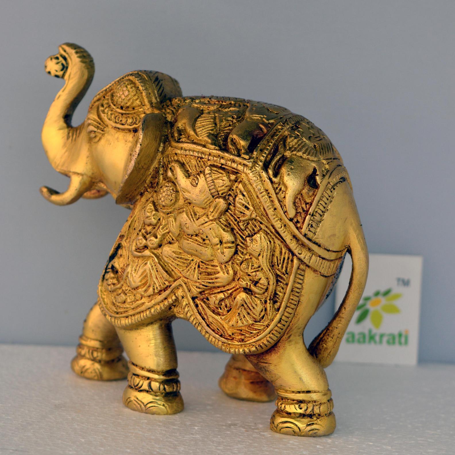 Aakrati Elephant Trunk Up Sculpture Made In Brass Metal - Table Decor Showpiece For Gift