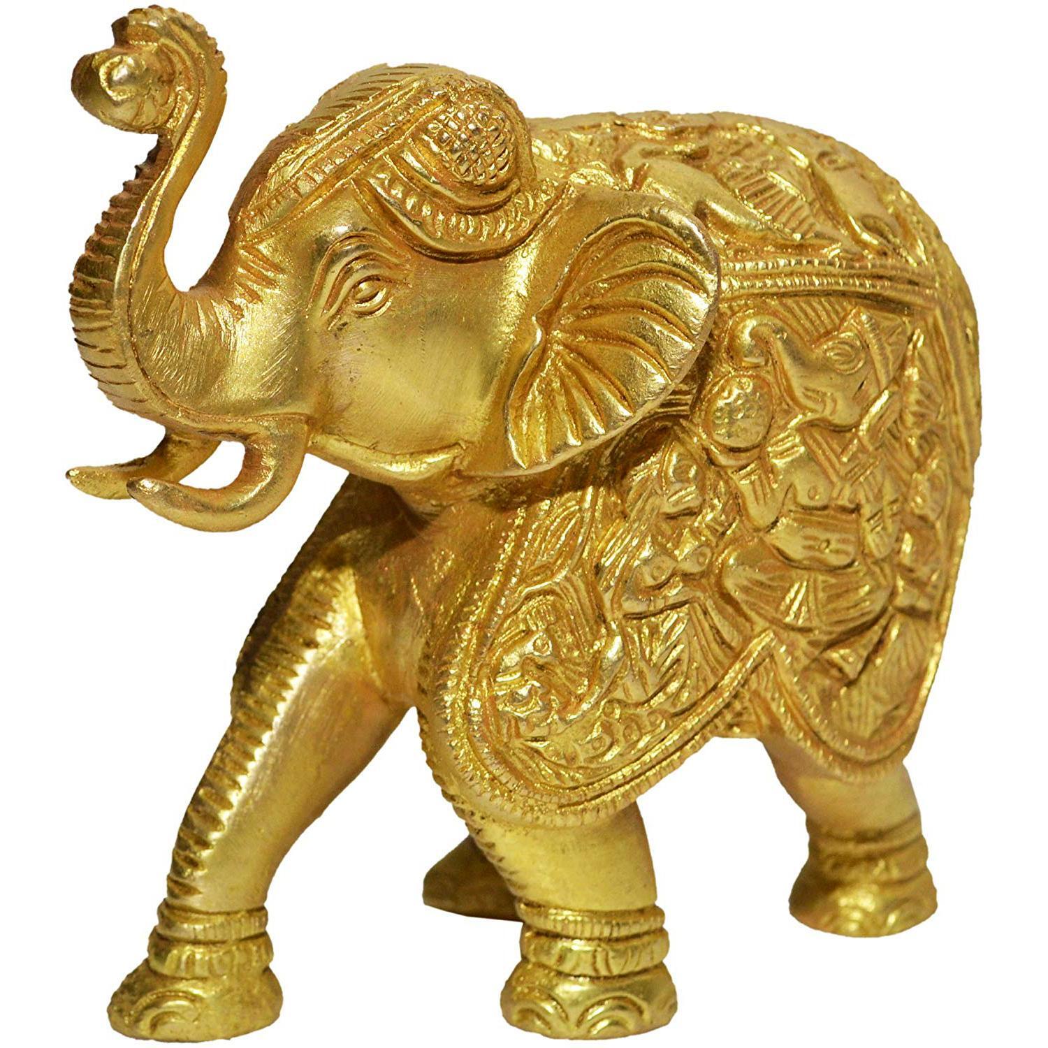 Aakrati Elephant Trunk Up Sculpture Made In Brass Metal - Table Decor Showpiece For Gift