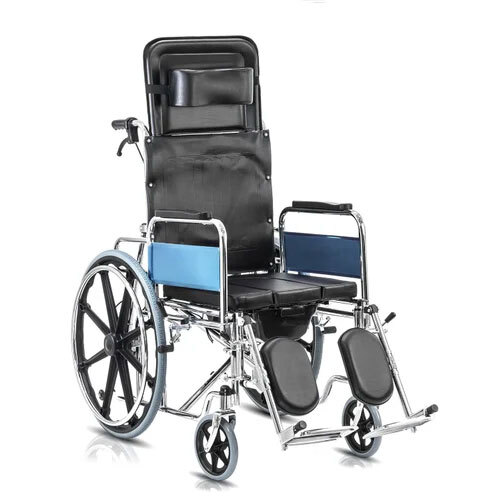 Reclining Commode Wheelchair - Steel Frame, 17 To 19 Inch Seat Width, Black & Silver Color, 4 Wheels | Ideal For Hospital Use, Lightweight 15kg Design