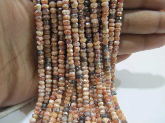 Natural Carnelian Rondelle Faceted Silver Coated 3-4mm Beads Strand 13'' Long
