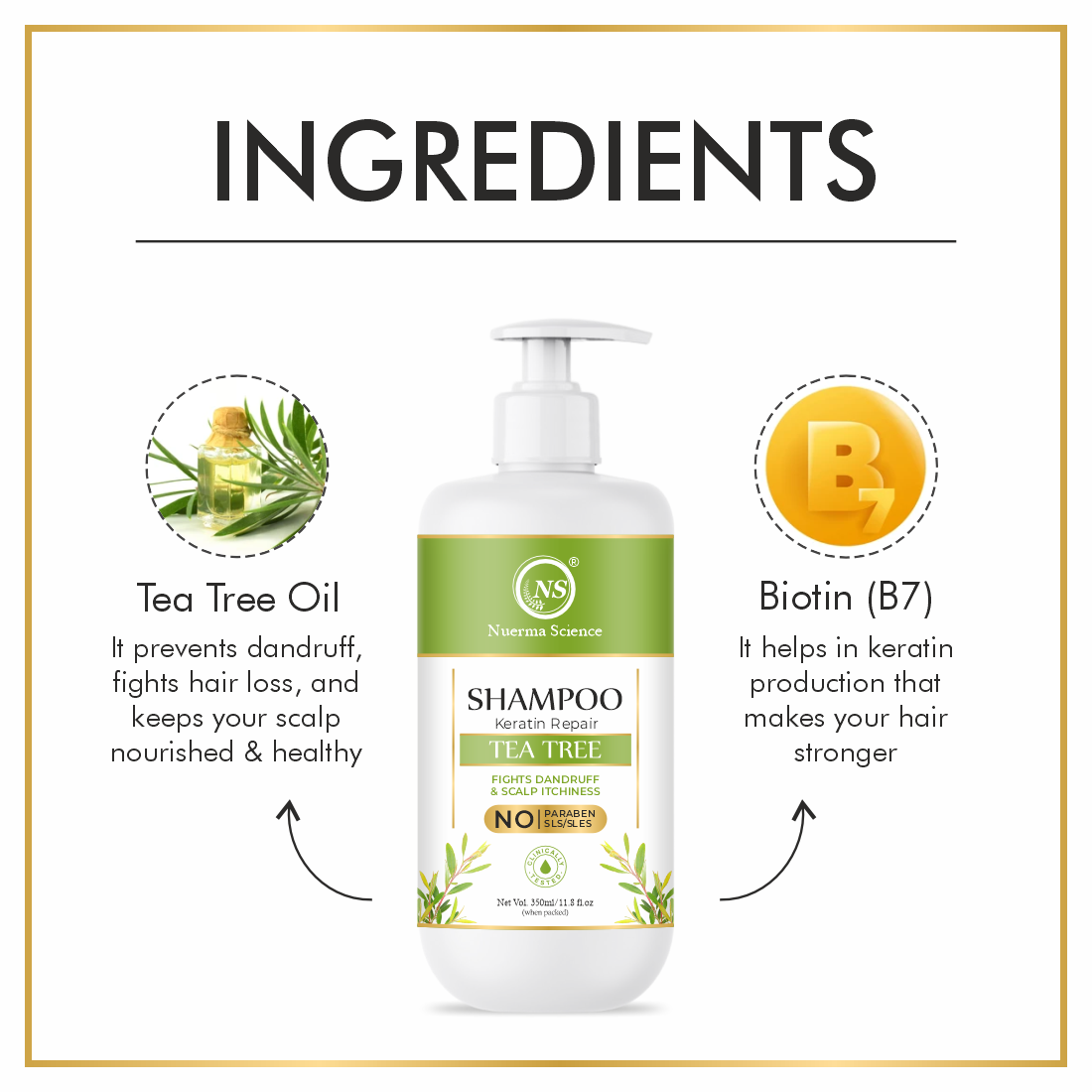 Nuerma Science 100% Natural Teatree Oil Hair Shampoo - 350 Ml, Natural | Keratin Repair, Anti-dandruff, Frizz-free, For All Hair Types