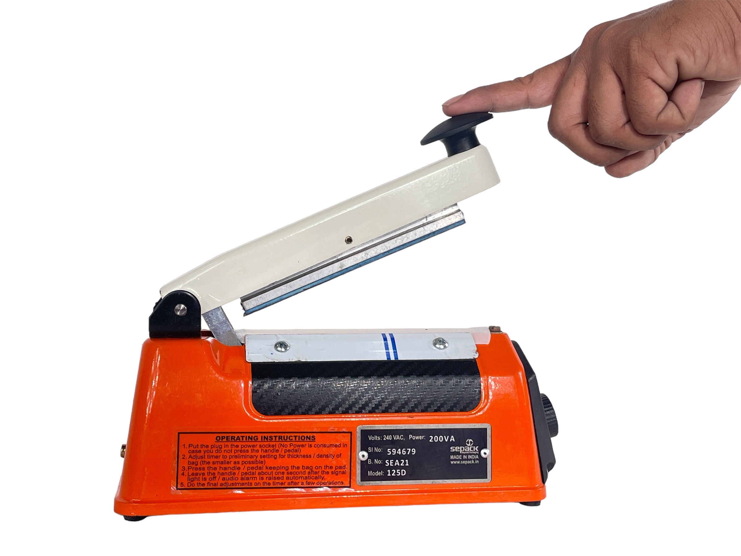 Hand Sealer 200sps - 200mm Sealing Length, 1.6mm Sealing Width | Electric, Manual Operation, Adjustable Heat Control, Led & Buzzer Indicators, Round Element For Cutting & Sealing
