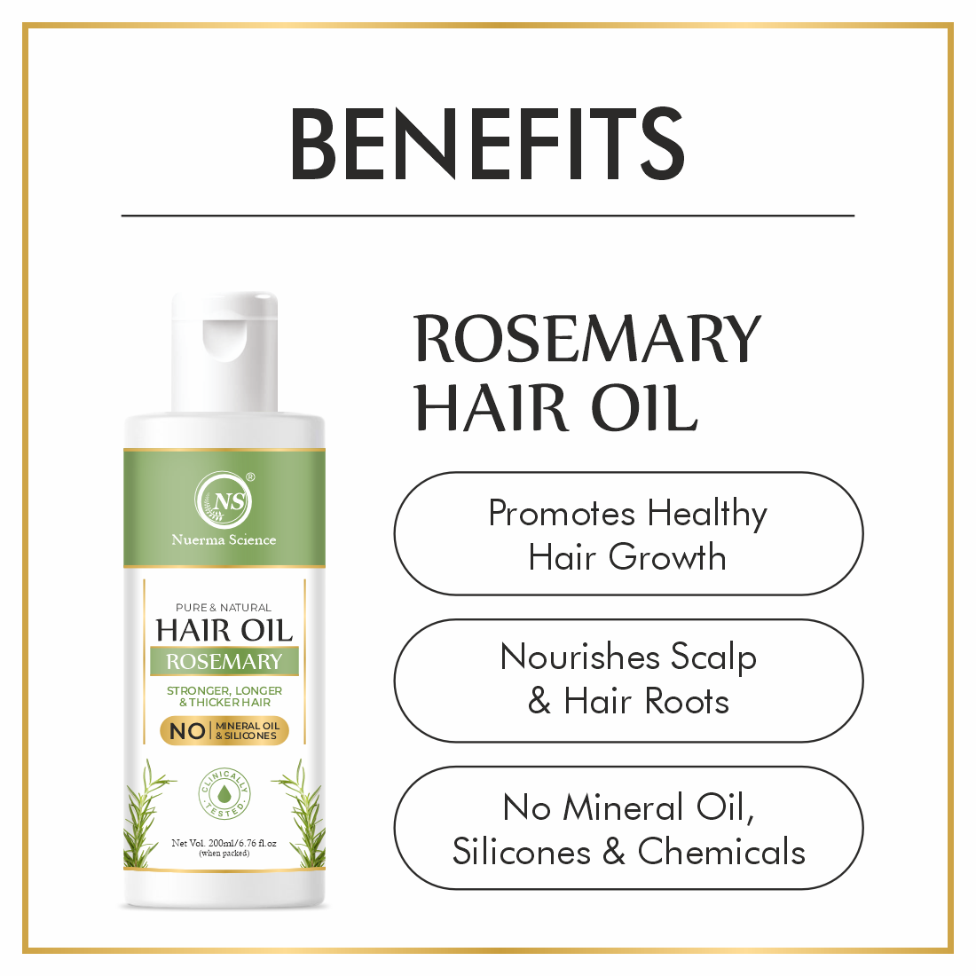 Nuerma Science 100% Pure & Natural Rosemary Oil Hair Oil (200ml) - Hair Oil & Serum, Natural Color, 200ml | Strengthens, Thicker, Shiner, Softer, Longer & Frizz Free Hair With Amla, Coconut, Castor, Olive, Vitamin E