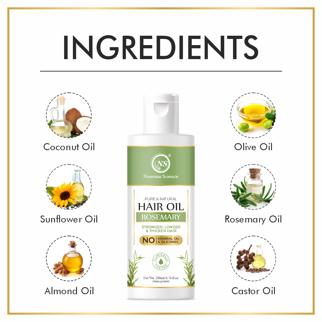 Nuerma Science 100% Pure & Natural Rosemary Oil Hair Oil (200ml) - Hair Oil & Serum, Natural Color, 200ml | Strengthens, Thicker, Shiner, Softer, Longer & Frizz Free Hair With Amla, Coconut, Castor, Olive, Vitamin E